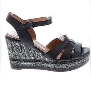 Clarks Zia Noble ankle strap wedge sandals in black leather